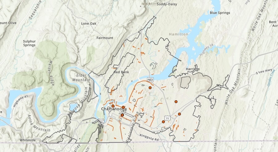 Map of Chattanooga highlighting locations of city capital projects